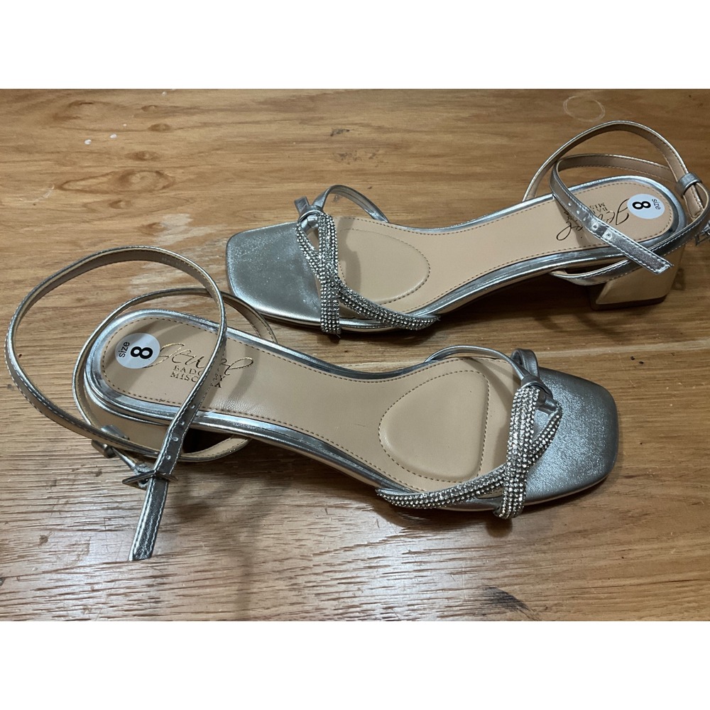 Jewel Badgley Mischka Silver Rhinestone Block Heel Sandals Square Toe Womens 8